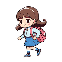 Mascot of little girl with bag backpack go to school. Cartoon flat character vector illustration