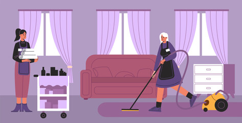 Maids cleaning hotel room. Guest house staff in uniform vacuuming and changing towels. Professional housekeeping. Hospitality service. Housekeeper work. Cleanup in hostel. Vector concept