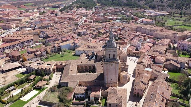 El Burgo de Osma medieval town aerial view in Castille and Leon Spain with blue sky on a sunny day