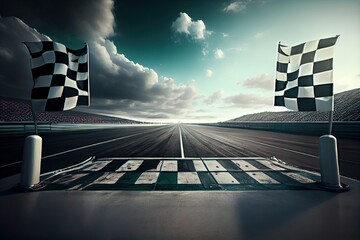 race track, with view of the finish line and checkered flag for dramatic finish, created with generative ai - obrazy, fototapety, plakaty