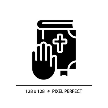 Oath on Bible in law court pixel perfect RGB color icon. Religious ritual in judgement. Promise of witness. Silhouette symbol on white space. Solid pictogram. Vector isolated illustration