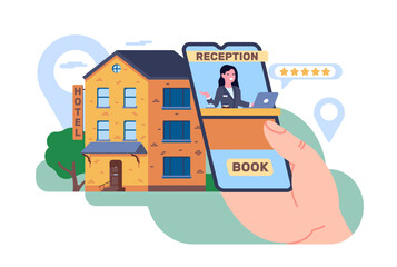 Online hotel reservations. Search or select hostels and apartments online. Smartphone in hands. Motel internet booking. Guesthouse room reserving by mobile application. Vector concept