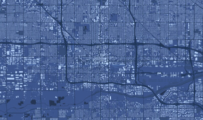 Detailed blue vector map poster of Phoenix city, Arizona, linear print map. Skyline urban panorama. Decorative graphic tourist map of Phoenix territory.
