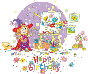 Happy birthday card with a little fairy waving her gold magic wand and drawing garden flowers on an easel with a flying paintbrush and bright paints from a palette, vector cartoon illustration