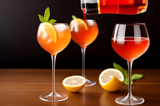 refreshing glass of lillet spritz aperol cocktail with lemon and ice on wooden table with dark background