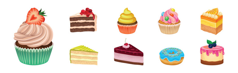 Layered Cake Pieces with Cream and Berry Vector Set