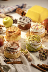 Variety of different assorted sweet cinnabon buns set