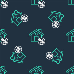 Line House with percant discount tag icon isolated seamless pattern on black background. Real estate home. Credit percentage symbol. Vector