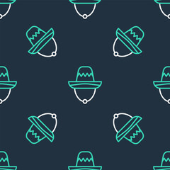 Line Traditional mexican sombrero hat icon isolated seamless pattern on black background. Vector