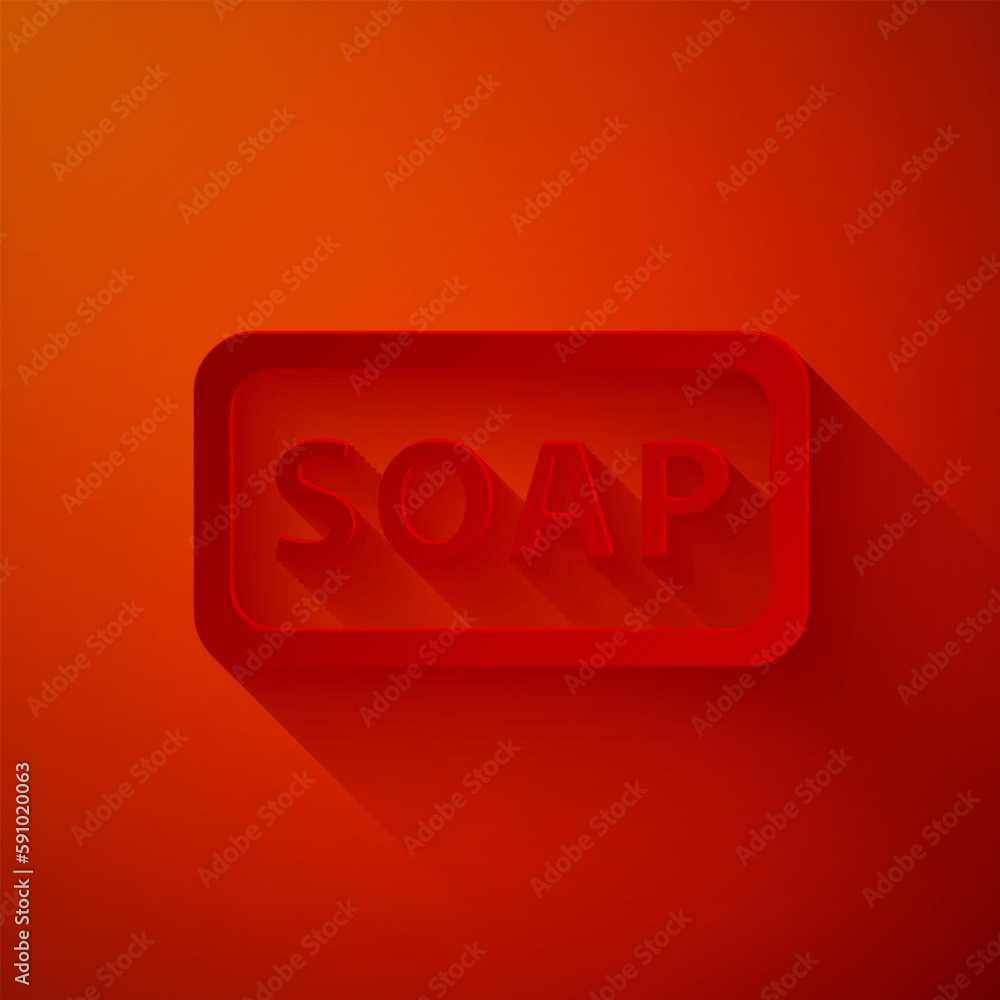 Poster paper cut bar of soap icon isolated on red background. soap bar with bubbles. paper art style. vecto