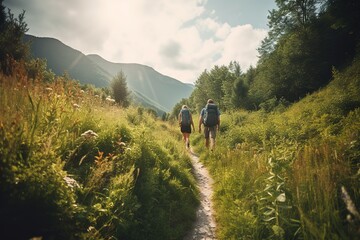 Fototapeta premium A tranquil, summer hiking adventure, featuring a couple trekking through a lush, green forest, meadow and mountain trail. Generative AI.