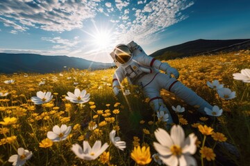 astronaut floating through sun-dappled field of flowers, with majestic mountains in the background, created with generative ai
