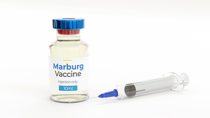 Marburg virus (MARV) vaccine bottle and syringe with needle. 3d illustration on white background..