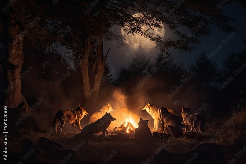 Poster campfire surrounded by a pack of wolves howling at the moon, created with generative ai