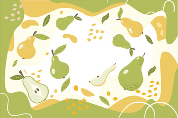 Vector frame with various pear doodles and abstract elements. Hand illustrations. Vector background. Vector illustration