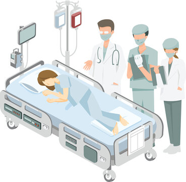 Patient On The Hospital Bed And Doctor Visitor Graphic Png Illustration