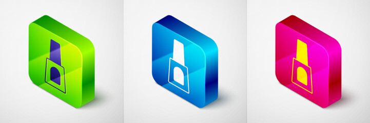 Isometric Bottle of nail polish icon isolated on grey background. Square button. Vector