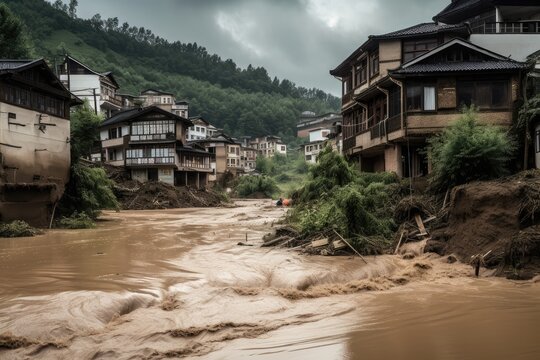 climate change-related natural disasters and their consequences, such as flooding and landslides, created with generative ai