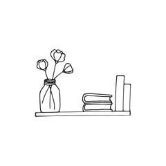 Bookshelf in doodle style for notebooks, posters, postcards. Vase with flowers and books on the shelf. 