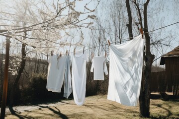 clothesline with freshly laundried towels and sheets hanging in the wind, created with generative ai