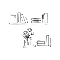 Bookshelf in doodle style for notebooks, posters, postcards. Vase with flowers and books on the shelf. 
