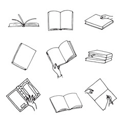 Set of books. Black and white doodle illustration. A set of books from different angles. Book in hand. Notes in a notebook.