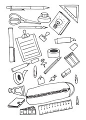 Back to school with hand drawn school supplies - big set. Doodle and school items collection. Sketch icon. Kids ink style background. Education concept. Vector illustration.