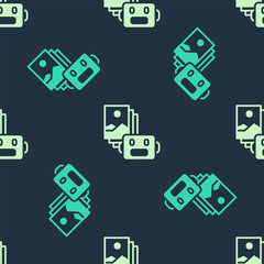 Fototapeta na wymiar Green and beige Artificial intelligence robot icon isolated seamless pattern on blue background. Machine learning, cloud computing. Vector