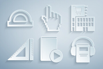 Set Audio book, Mall or supermarket building, Triangular ruler, Pixel hand cursor and Protractor grid icon. Vector