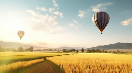 Obraz premium Hot air balloon in the sky in beautiful landscape. Generative AI
