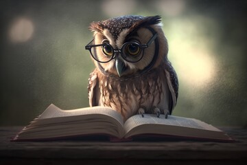 Owl in eyeglasses sitting on a book and reading. Generative AI