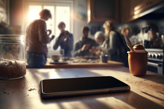 Mobile phone in the kitchen with people in the background, turned off smartphone concept. Generative AI