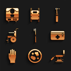 Set Toothbrush, Petri dish with bacteria, Medical dental chair, First aid kit, rubber gloves, Wheelchair for disabled person, drill and X-ray machine icon. Vector