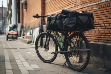 food delivery service with bicycle messenger bringing hot meals to the city, created with generative ai