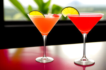 Fototapeta premium Red cocktail with splash and lime isolated on white
