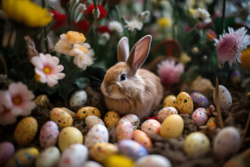 Fototapeta na wymiar A Cute Bunny, Colorful Flowers, and Easter Eggs. Generative AI
