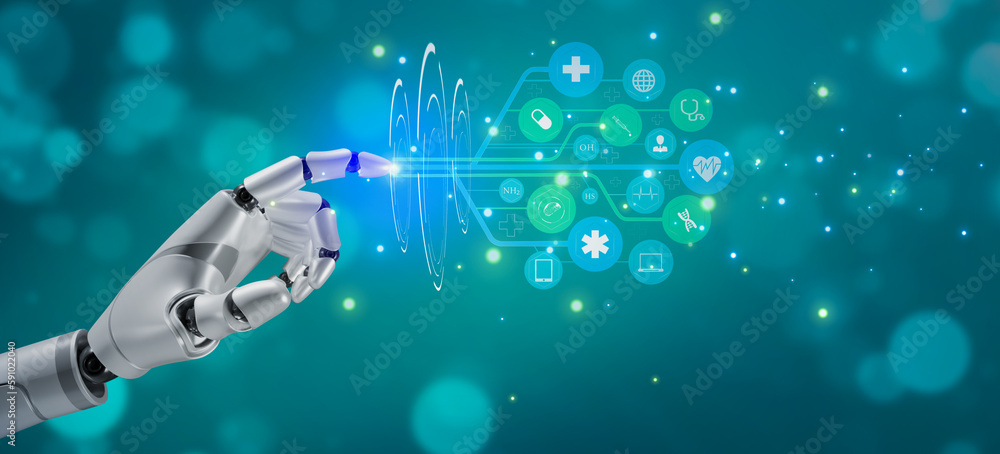 Poster 3d rendering of robot hand touching digital hologram modern virtual screen interface icons, medical 