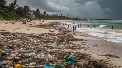 Fototapeta na wymiar Paradise Lost: Tropical Beach Littered with Trash Washed Ashore, Ocean Pollution Crisis, Generative AI