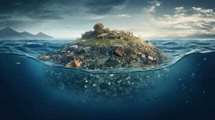 Floating Trash Island in the Sea, Marine Pollution Concept, Generative AI