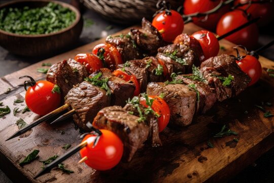 grilled beef shishkabob skewered with juicy chunks of grilled meat, cherry tomatoes, and herbs, created with generative ai