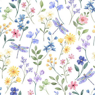 Seamless background, floral pattern with watercolor flowers pink and blue. Repeat fabric wallpaper print texture. Perfectly for wrapped paper, backdrop.
