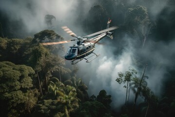 Fototapeta premium helicopter flying over dense jungle, with smoke rising from below, created with generative ai