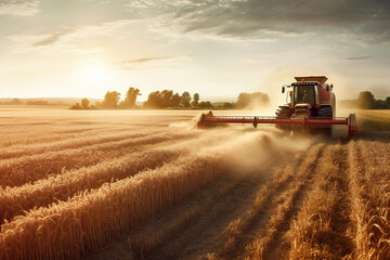 Fototapeta premium Farm themed image, showcasing a tractor collecting wheat in the field. Generative AI