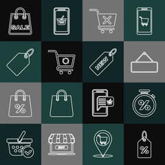 Set line Discount percent tag, Stopwatch and, Signboard hanging, Remove shopping cart, Refresh, Label template price, Shopping bag with Sale and Price New icon. Vector