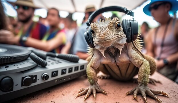 Illustration of funny Iguana dj near turntable on music beach outdoor party. Cute lizard disc jockey wearing earphones. AI generative image.