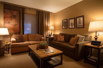 cozy living room with plush sofas and warm lighting, perfect for relaxing after a long day, created with generative ai