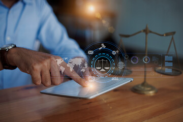 Concepts of Law and Legal services. Lawyer working with law interface icons. Blurred background, online lawyer advice.