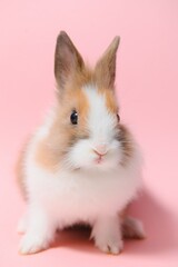 Lovely bunny easter rabbit on light pink background. beautiful lovely pets. Banner size.
