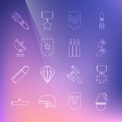 Set line Hand grenade, Military reward medal, Aviation bomb, Chevron, Radar, Nuclear rocket and Bullet icon. Vector