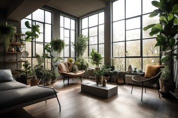 Fototapeta na wymiar stylish living room with indoor plants, glass windows and natural light, created with generative ai